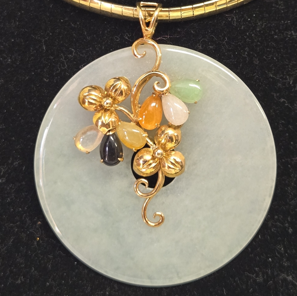 Vntg Jadeite w/14k Gold and Multicolor Jadeite Floral Pndt 2 1/2" Drop 2 1/8 Dia